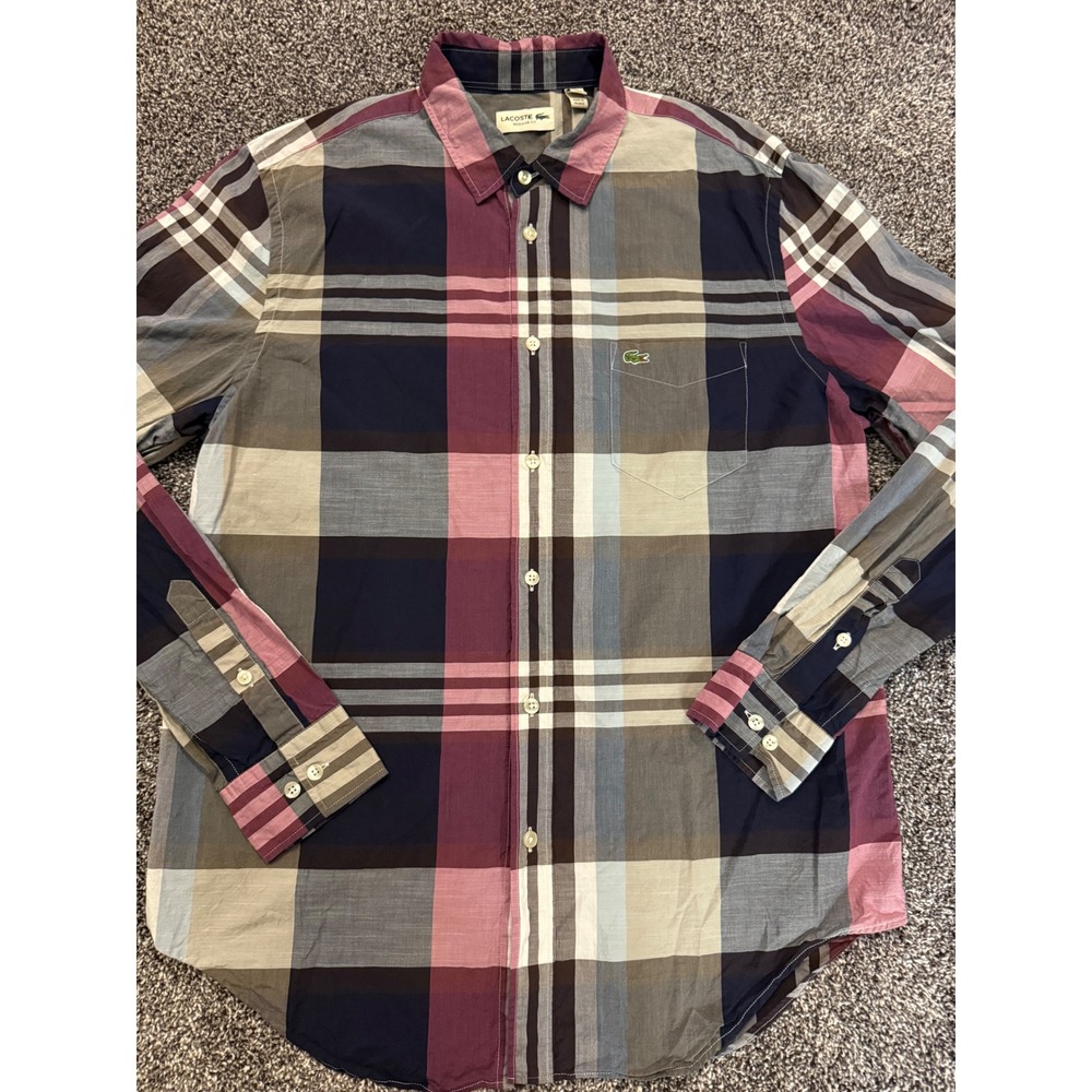 Lacoste Mens Large Plaid Button Down Shirt Regular Fit Made in France Cotton